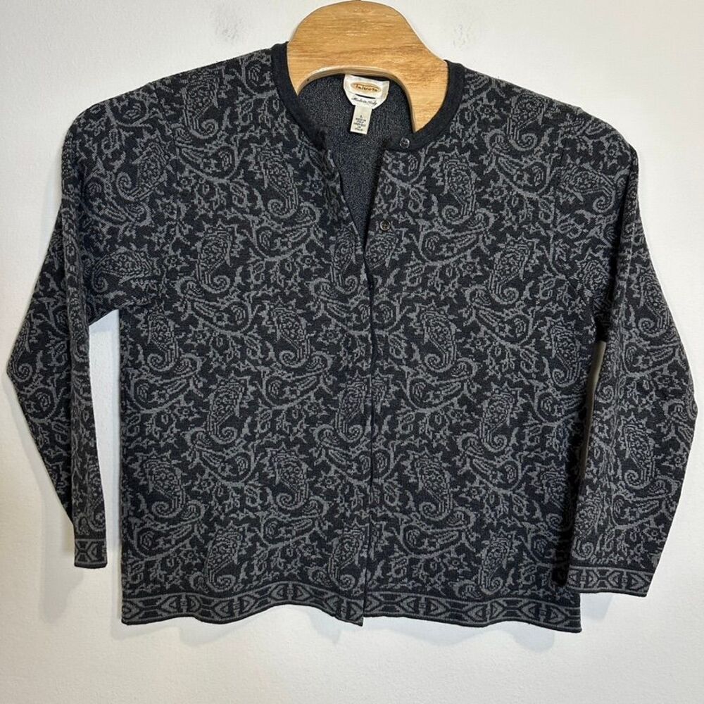 Talbots Italian Merino Wool Paisley Cardigan Sweater Button Front Gray L